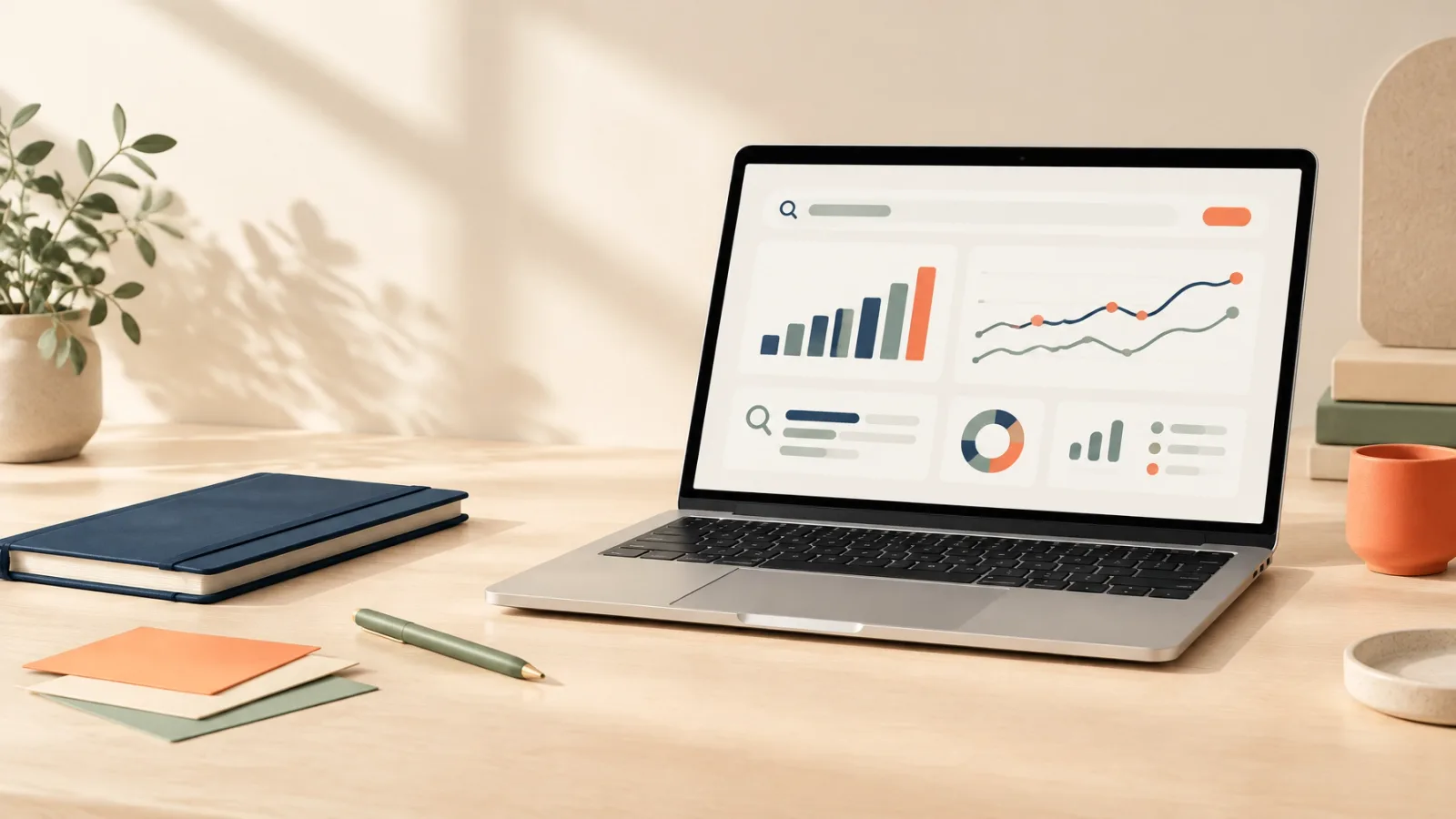 Laptop displaying an abstract search and analytics dashboard on a warm cream desk
