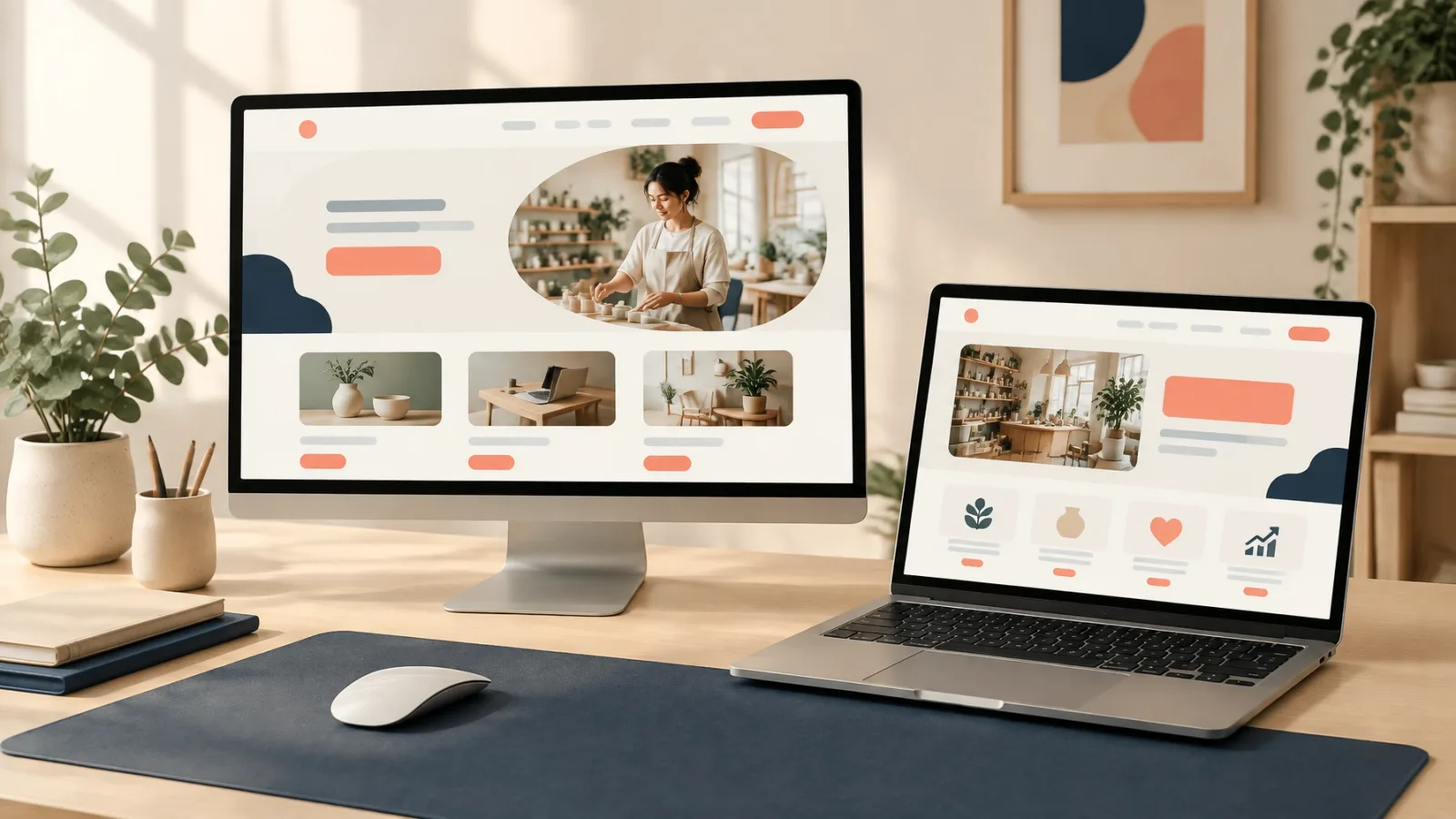 Modern small-business website layouts displayed on a desktop monitor and laptop