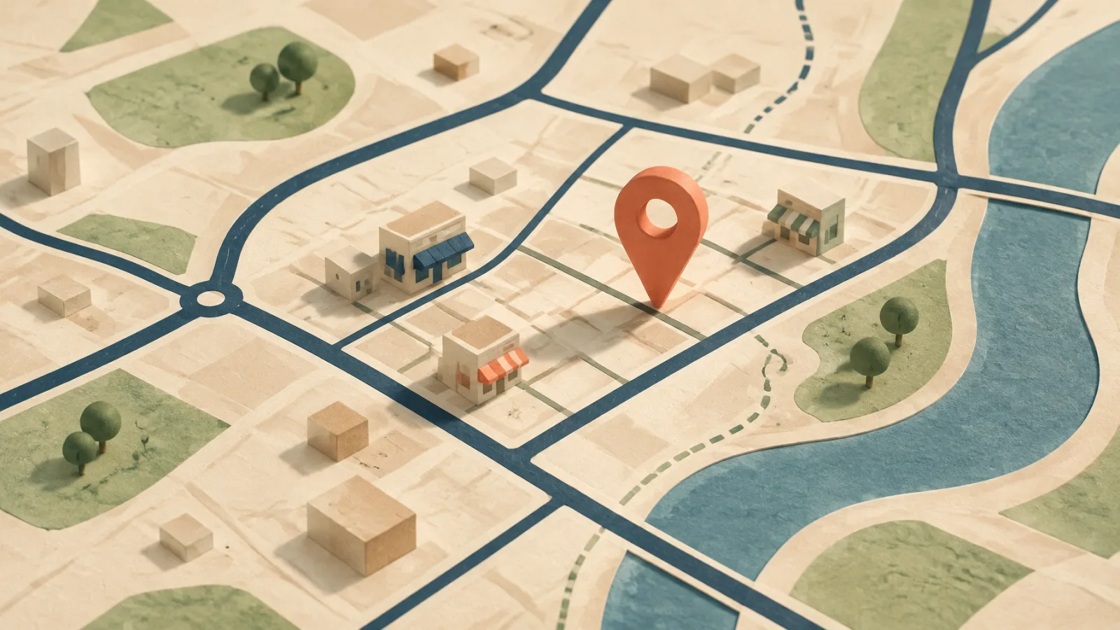 Coral location pin centered on a tactile local neighborhood map with roads and storefronts